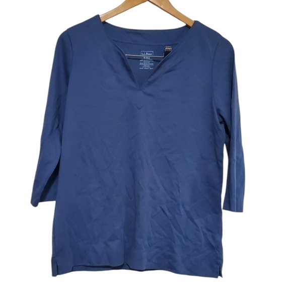 L.L. Bean Women's Soft Stretch Supima Tee V-neck Elbow-Sleeve Blue Size Meduim - Picture 1 of 3
